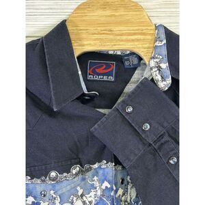 Vintage Roper Mens Shirt Large Black Cowboy Rodeo Graphic Pearl Snap Button Down
